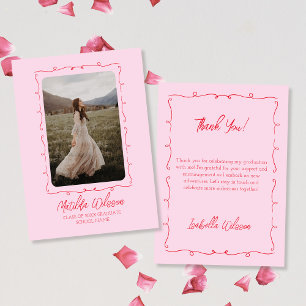 Hand Drawn Chic Pink & Red Photo 2024 Graduation Thank You Card