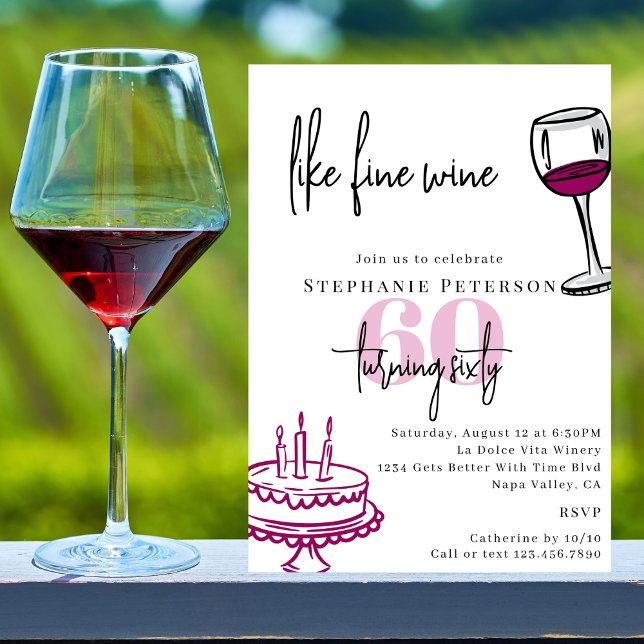 Hand Drawn Chic Scribble Wine & Cake 60th Birthday Invitation (Creator Uploaded)
