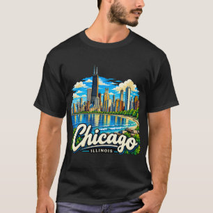 Hand Drawn Chicago Illinois Travel Art Landmark T-Shirt