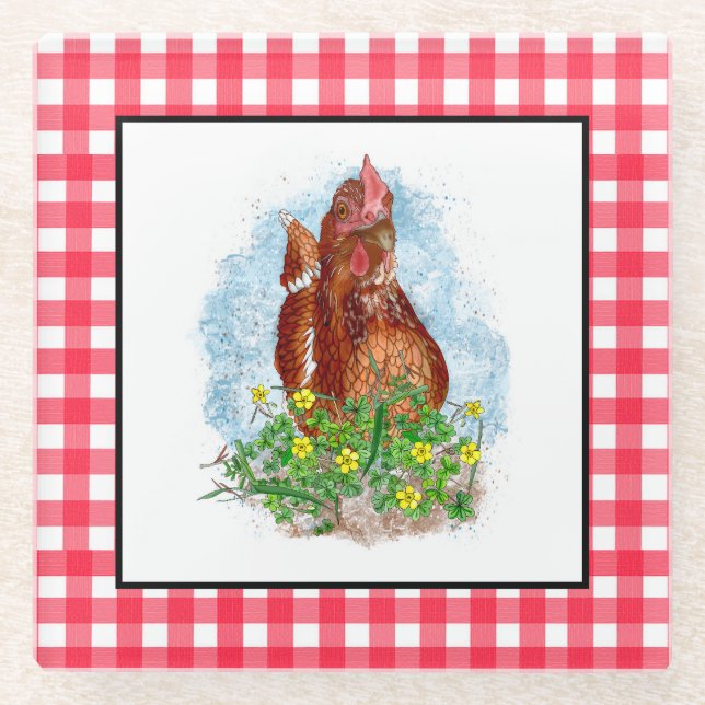 Hand drawn Chicken Art Glass Coaster (Front)