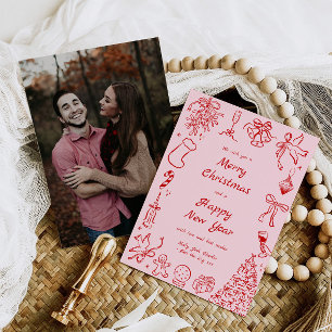 Hand Drawn Christmas Card Photo Doodle Xmas Pink
