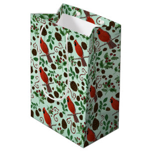 Hand Drawn Christmas Cardinals & Pinecones Holiday Medium Gift Bag