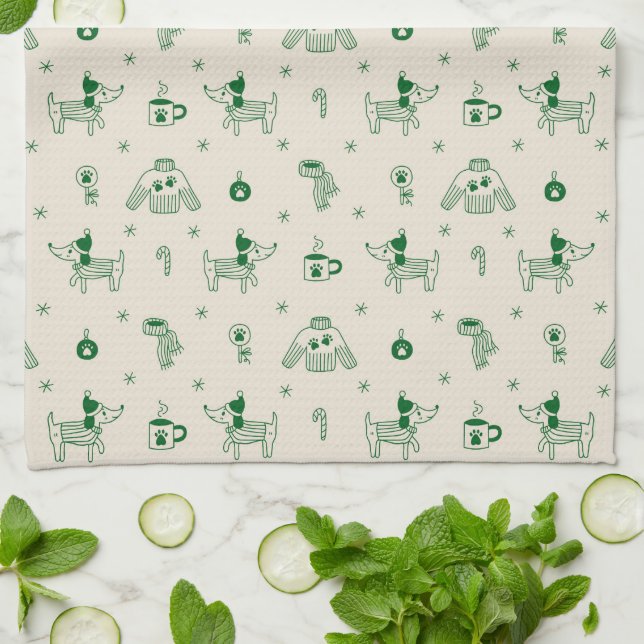 Hand-Drawn Christmas Dogs Kitchen Towel (Folded)