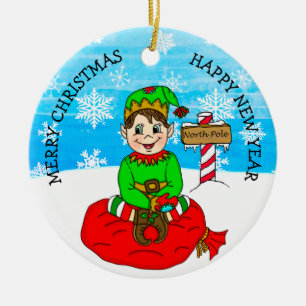 Hand drawn Christmas Elf Festive Personalised  Ceramic Ornament