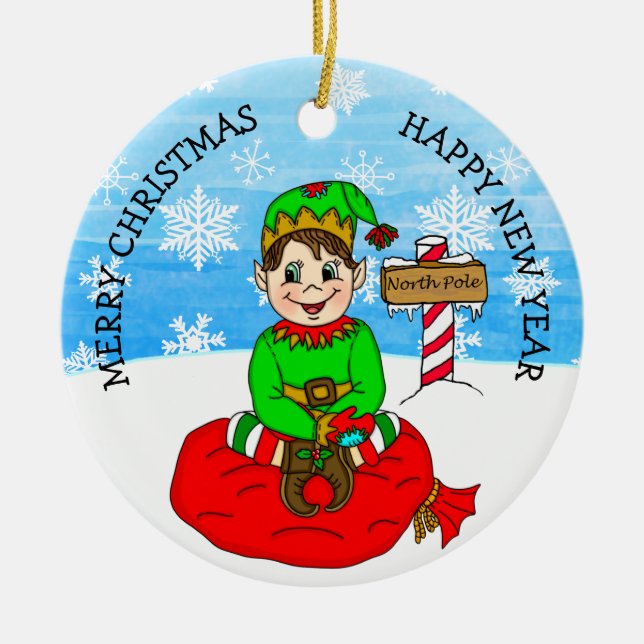 Hand drawn Christmas Elf Festive Personalised  Ceramic Ornament (Front)