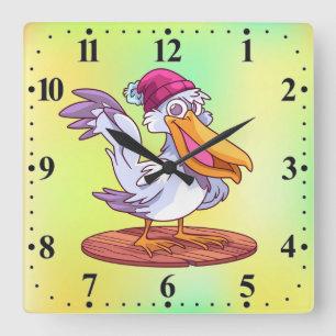 Hand Drawn Christmas Pelican Cartoon Square Wall Clock