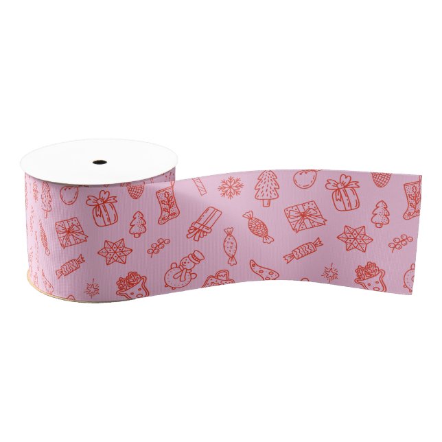 Hand drawn  Christmas Pink and Red  Grosgrain Ribbon (Spool)