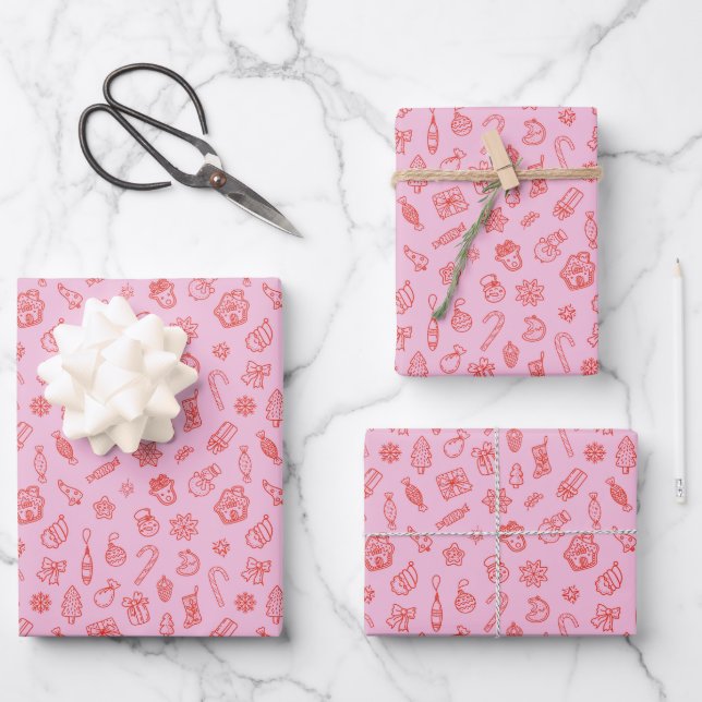 Hand drawn  Christmas Pink and Red Wrapping Paper (Front)