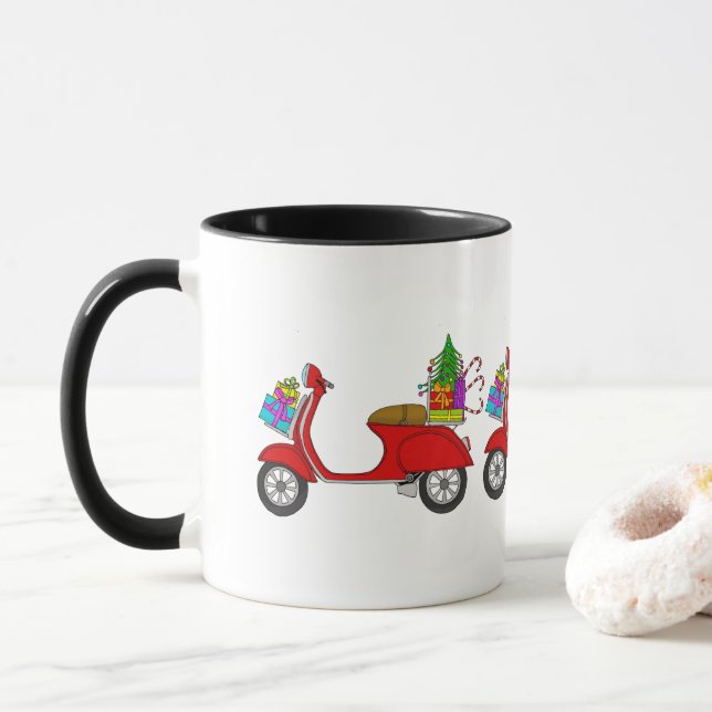 Hand drawn Christmas scooter with gifts Coffee Mug (With Donut)
