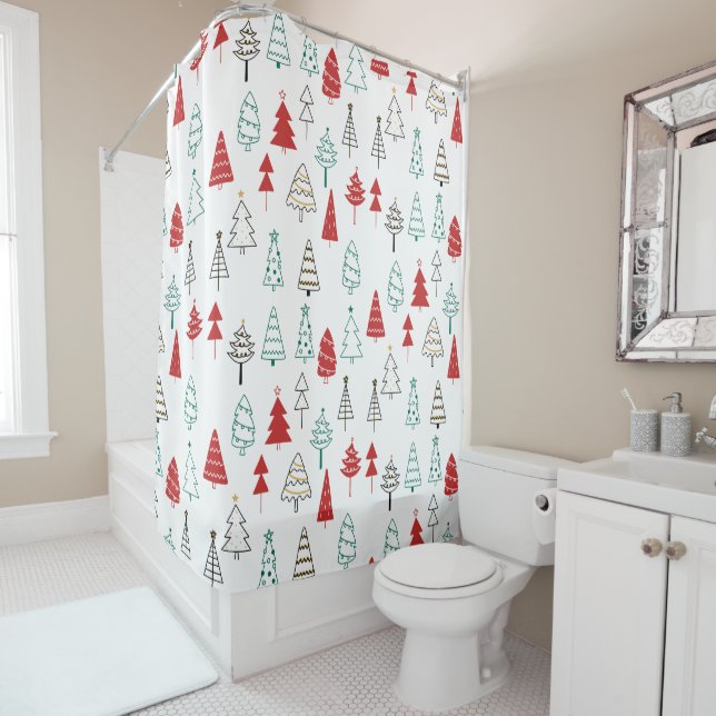 Hand Drawn Christmas Tree Pattern Shower Curtain (In Situ)