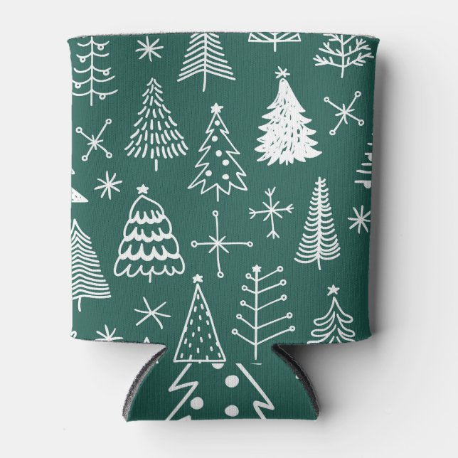 Hand drawn Christmas trees, winter pattern. Can Cooler (Front)