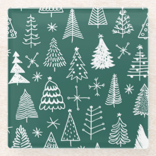 Hand drawn Christmas trees, winter pattern. Glass Coaster