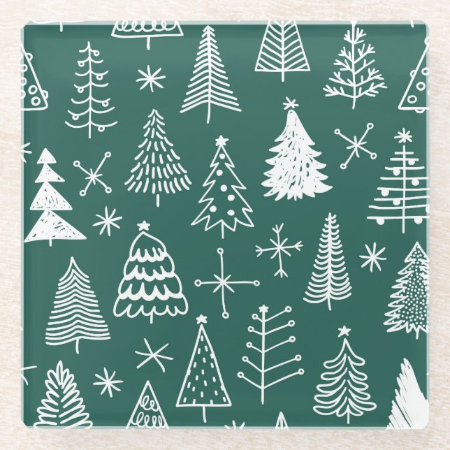 Hand drawn Christmas trees, winter pattern. Glass Coaster (Front)