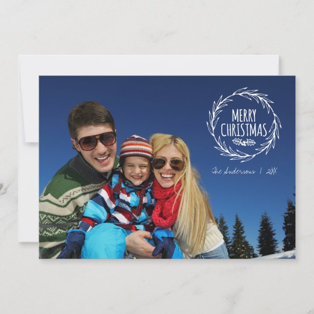 Hand Drawn Christmas Wreath Holiday Photo Card (Front)
