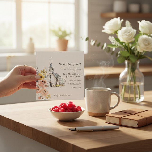 Hand Drawn Church Floral Watercolor Save the Date (Creator Uploaded)