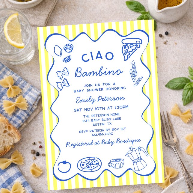 Hand Drawn Ciao Bambino Italian Boy Baby Shower Invitation (Creator Uploaded)