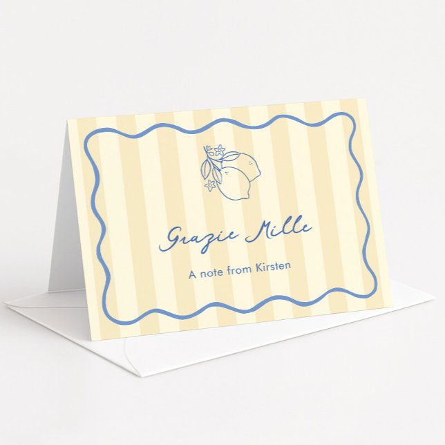 Hand Drawn Ciao Miss Yellow & Blue Bridal Shower Thank You Card (Grazie Mille Italian theme bridal shower thank you card in yellow and blue with hand drawn icons)
