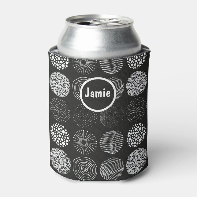 Hand drawn Circles Abstract Black and White B/W Can Cooler (Can Front)