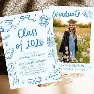Hand Drawn Class of 2026 Blue Graduation Party Invitation