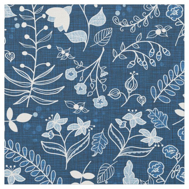 Hand Drawn Classic Blue Boho Flowers  Fabric (Close Up)