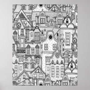 Hand Drawn, Classic Country Village, Colouring Pag Poster