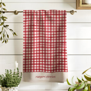 Hand Drawn Classic Red Gingham Add Name Christmas Tea Towel