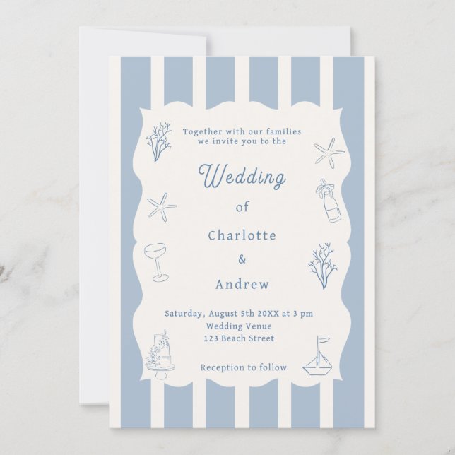 Hand drawn coastal beach dusty blue ivory wedding invitation (Front)