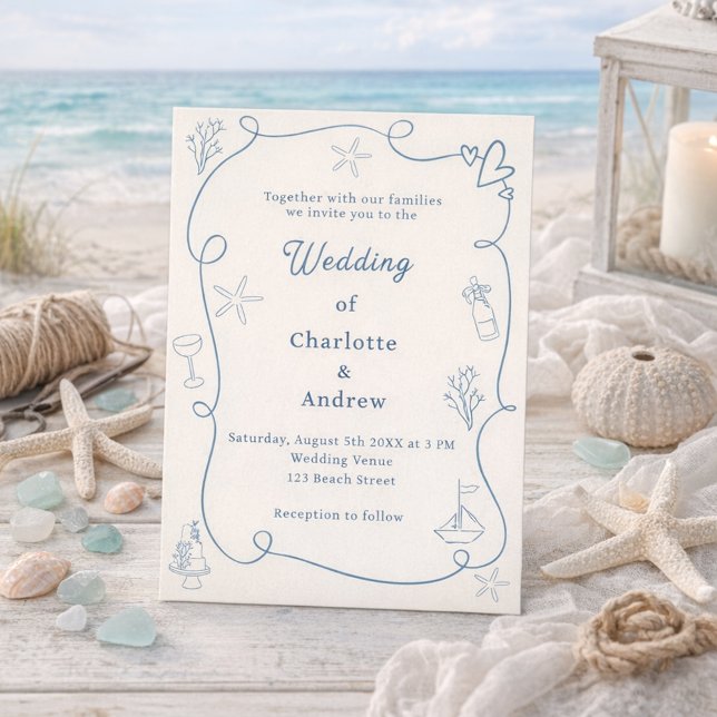 Hand drawn coastal beach dusty blue ivory wedding invitation (Creator Uploaded)