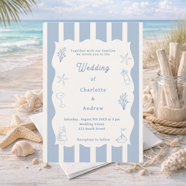 Hand drawn coastal beach dusty blue ivory wedding invitation (Creator Uploaded)