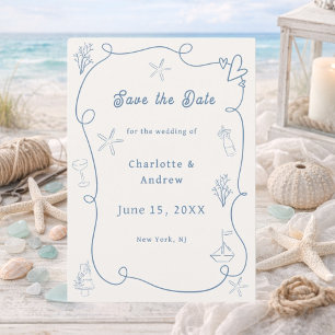 Hand drawn coastal beach dusty blue ivory wedding save the date