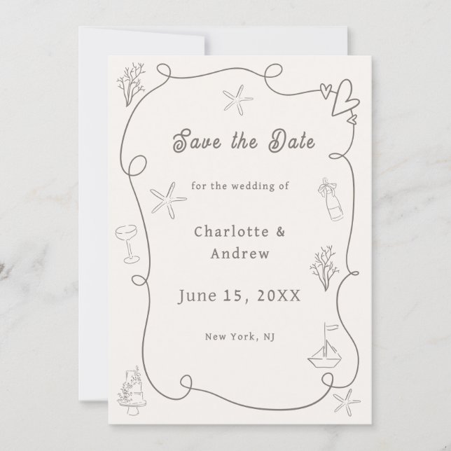 Hand drawn coastal beach ivory taupe sand wedding save the date (Front)