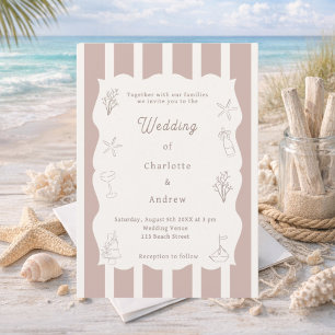 Hand drawn coastal beach ivory taupe wedding invitation