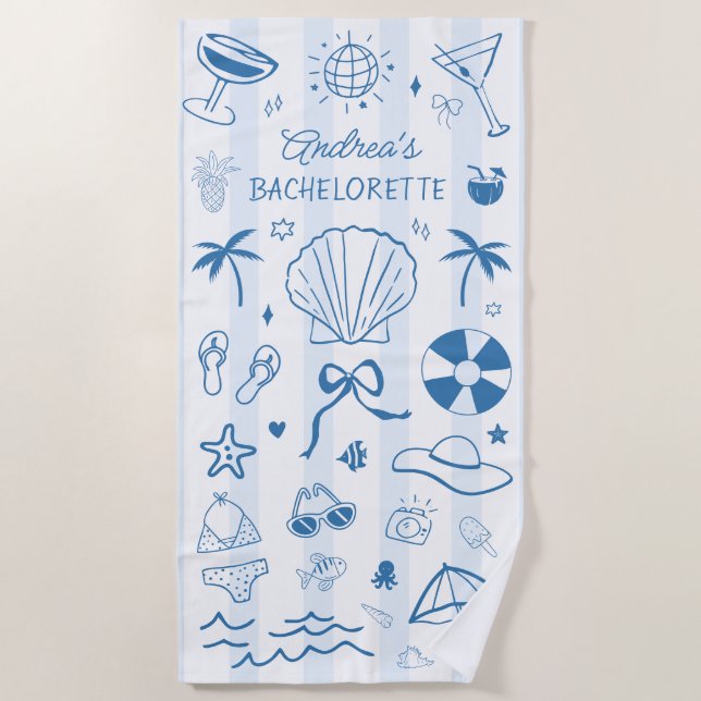 Hand Drawn Coastal Beach Summer Bachelorette Favou Beach Towel (Front)