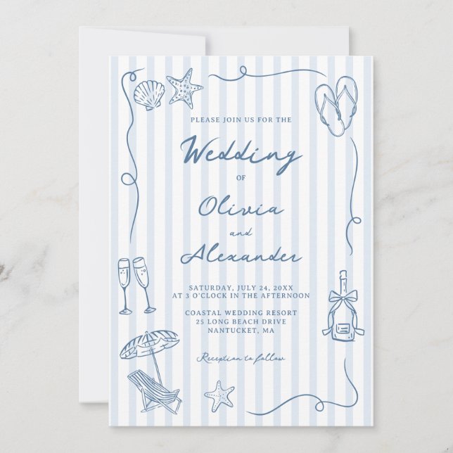 Hand Drawn Coastal Dusty Blue Beach Wedding Invitation (Front)