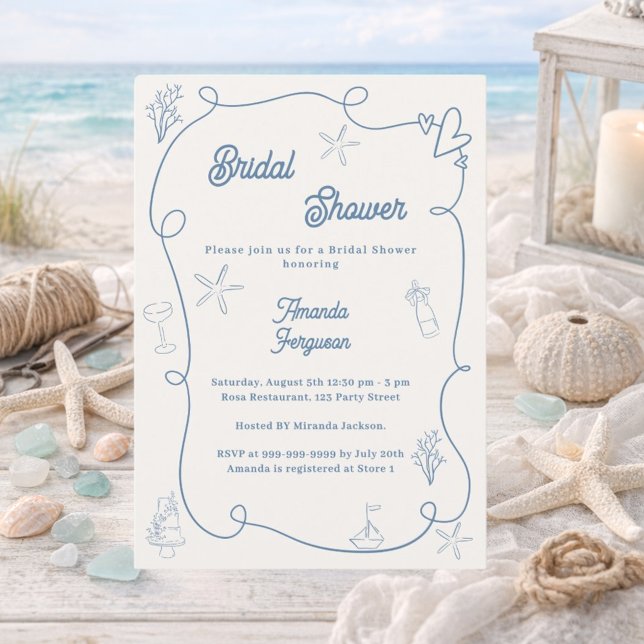 Hand drawn coastal dusty blue ivory Bridal Shower Invitation (Creator Uploaded)