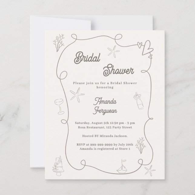Hand drawn coastal sand Bridal Shower invitation (Front)