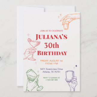 Hand Drawn Cocktail 30th Birthday Invitation