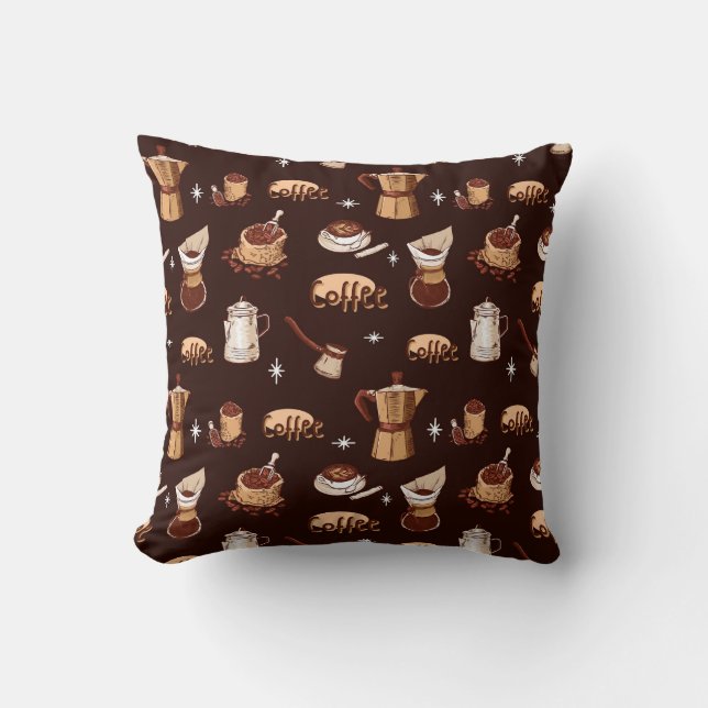 Hand Drawn Coffee Pot, Beans & Cup Cushion (Front)