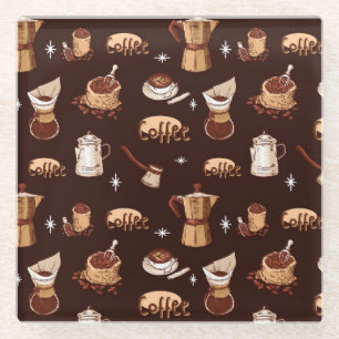 Hand Drawn Coffee Pot, Beans & Cup Glass Coaster