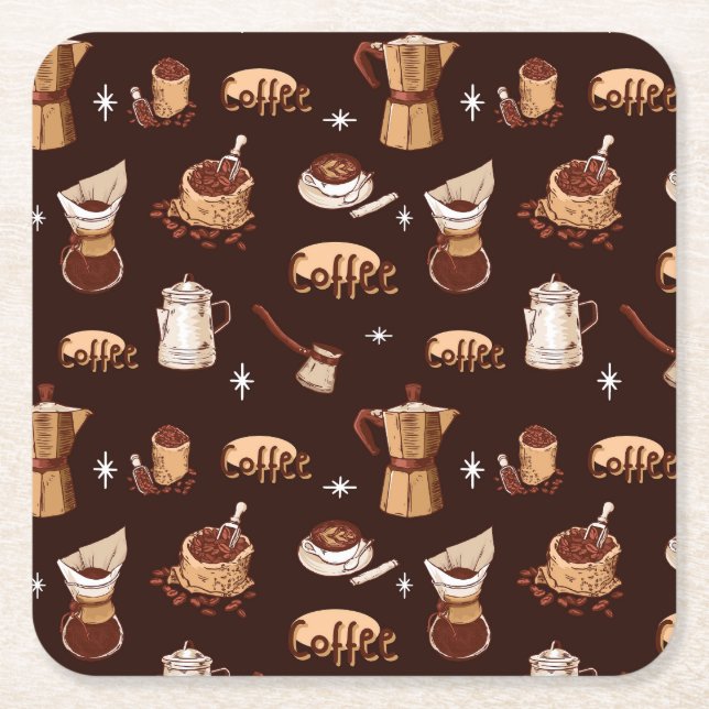 Hand Drawn Coffee Pot, Beans & Cup Square Paper Coaster (Front)