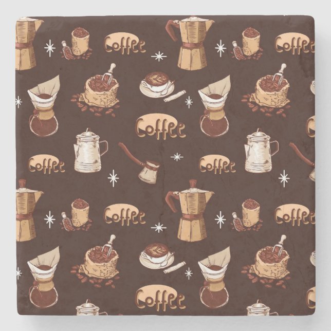 Hand Drawn Coffee Pot, Beans & Cup Stone Coaster (Front)