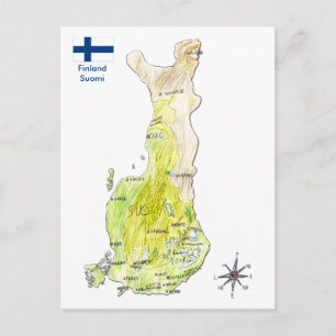 Hand Drawn Colour Map of Finland Postcard