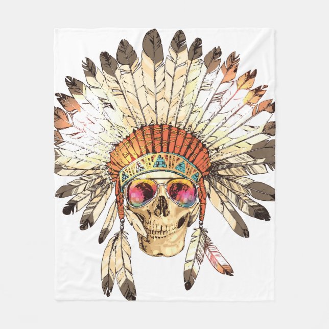 Hand Drawn Colour Native American Indian Headdress Fleece Blanket (Front)