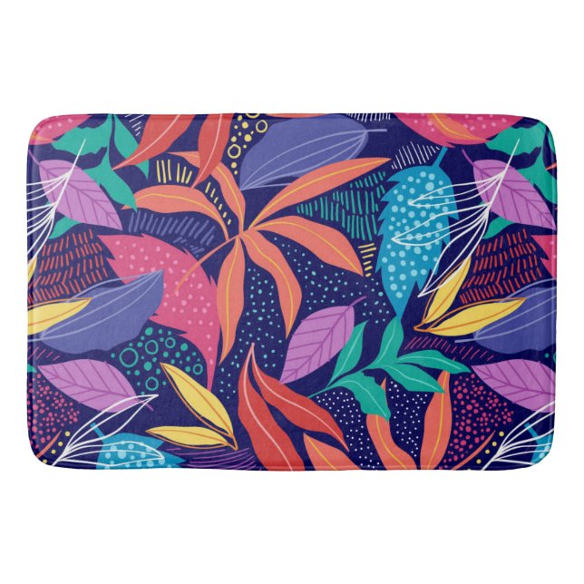 Hand Drawn Colourful Abstract Leaves Pattern Bath Mat (Front)