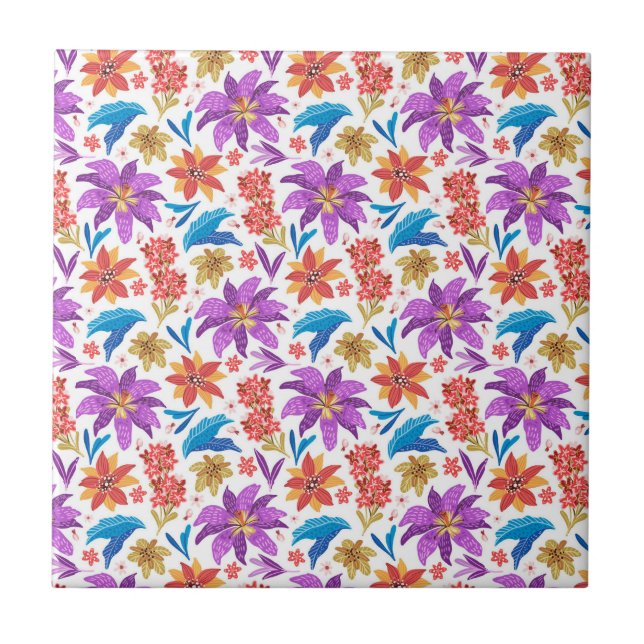 Hand Drawn Colourful Exotic Floral Pattern-70703 Ceramic Tile (Front)