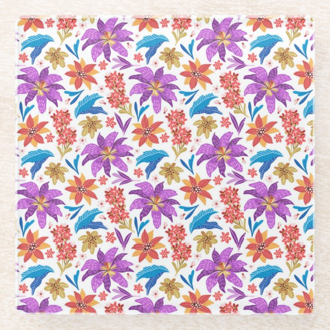 Hand Drawn Colourful Exotic Floral Pattern-70703 Glass Coaster (Front)