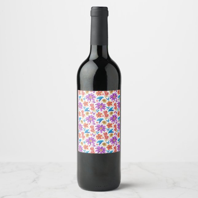 Hand Drawn Colourful Exotic Floral Pattern Wine Label (Front)