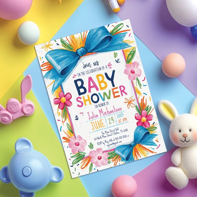 Hand-Drawn Colourful Floral Bow Border Baby Shower Invitation (Creator Uploaded)