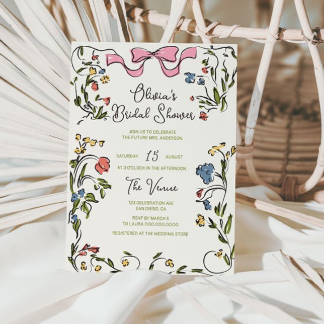 Hand Drawn Colourful Floral Frame Bow Bridal Showe Invitation (Creator Uploaded)