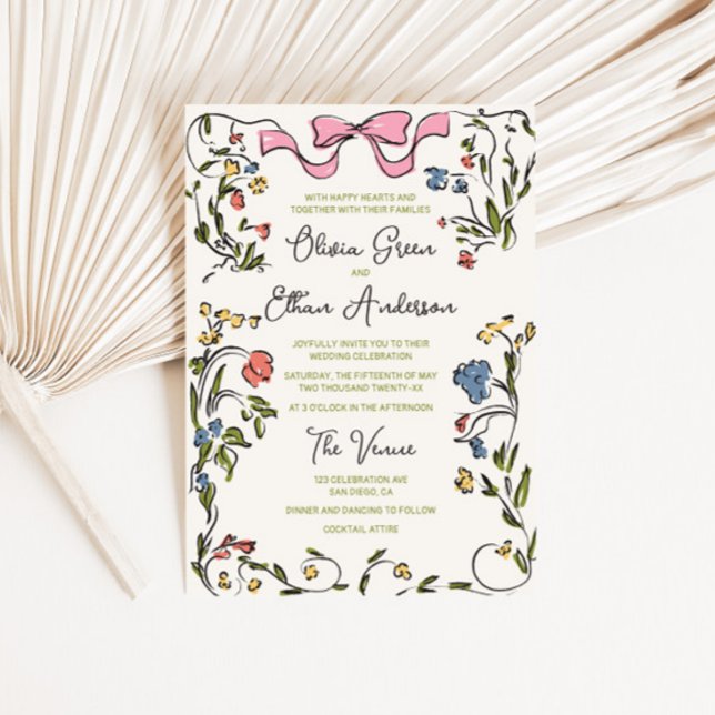 Hand Drawn Colourful Floral Frame Bow Wedding Invitation (Creator Uploaded)